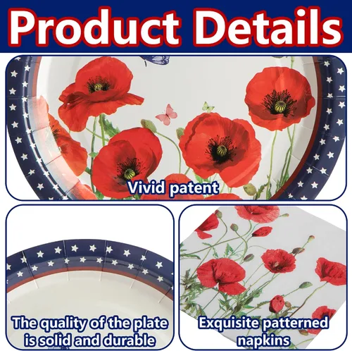 Vista 3 de Wehhbtye 100 platos y servilletas de flores de amapola del 4 de julio, platos de papel conmemorativos con tenedores, suministros desechables