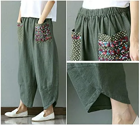 Vista 6 de Hwayslon Pantalones holgados de lino de pierna ancha para mujer, estilo casual, con retazos, cintura elástica, pantalones Harlan, talla M, XXL
