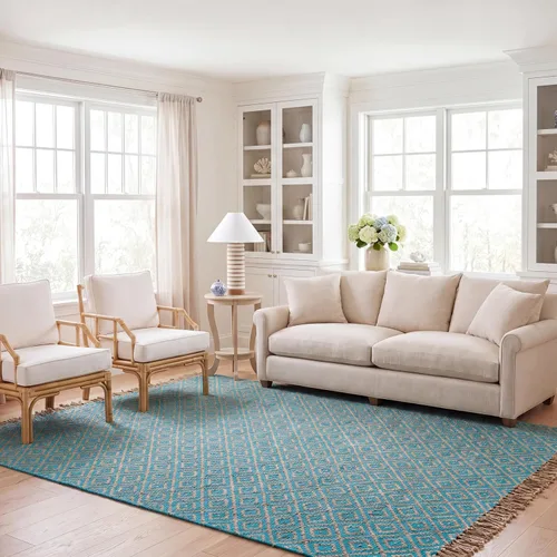 Vista 9 de SAFAVIEH Natural Fiber Collection - Alfombra decorativa, 2.3 x 4 pies, azul tropical y natural, yute bohemio con borlas de diamante, hecho a mano