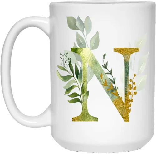 Vista 5 de Taza de café Alpha/N con letra gráfica N – Letra alfabeto monograma N – oro brillante cualquier letra floral alfabeto té café caliente taza