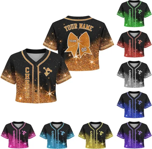 Vista 7 de Camiseta de béisbol de uniforme de animadora personalizada, camiseta de animadora para niñas, mujeres, jóvenes, niños, camiseta con purpurina