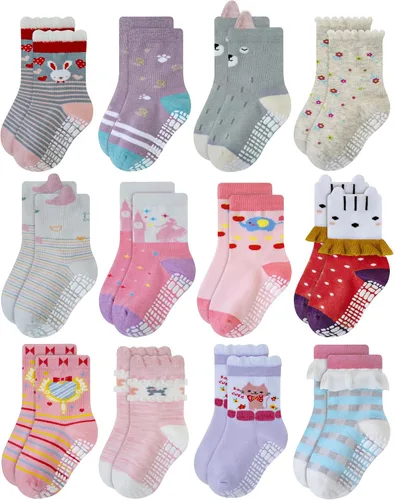 Vista 10 de RATIVE Calcetines de algodón antideslizantes antideslizantes con puños para bebés, niños y niñas