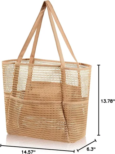 Vista 8 de Bolsa de playa de malla, bolsa de hombro extragrande para mujer, bolsa de piscina para compras, viajes y vacaciones