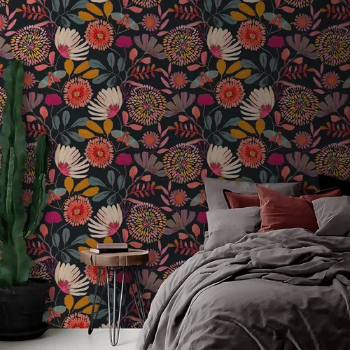 Vista 6 de Papel tapiz floral para despegar y pegar, extraíble, impermeable, azul marino/rosa/naranja, papel de contacto para dormitorio, baño, pared