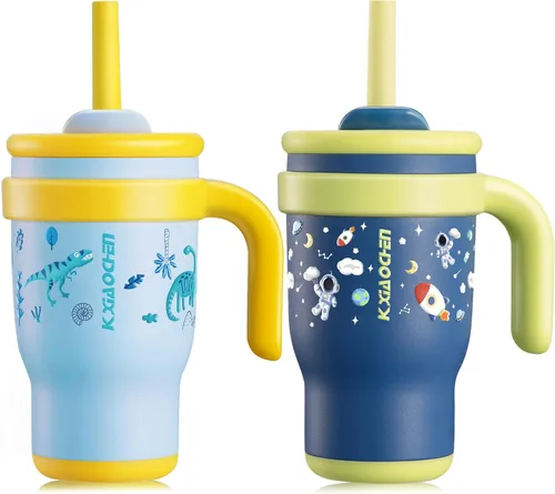 Vista 10 de KXIAOCHEN Vaso para niños de 14 onzas con asa para evitar derrames, vaso aislado reutilizable de acero inoxidable para niños pequeños, mantiene