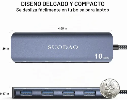 Vista 7 de Hub USB 3.1, SUODAO 10Gbps USB C a USB Hub, 4 puertos USB 3.1/3.2 Gen 2 Hub, aluminio SuperSpeed Tipo C a 4 puertos USB 3.2 de 10 Gbps para laptop