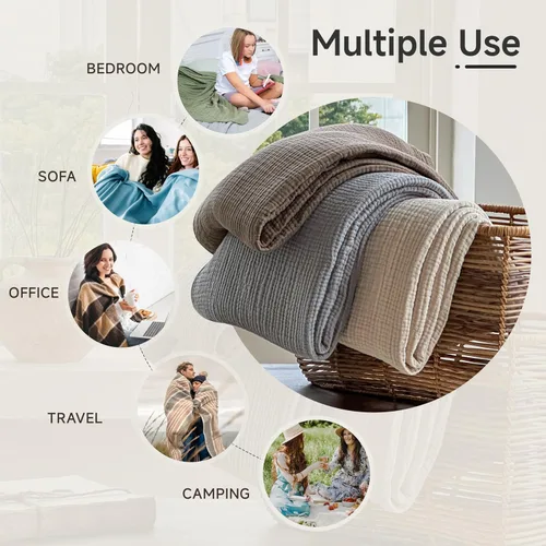 Vista 4 de Simple&Opulence - Manta de muselina 100 % algodón, transpirable ligera de 4 capas, manta suave de algodón para sofá, cama, camping, para todas