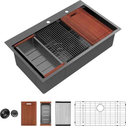 Vista 15 de Sarlai - Fregadero de cocina de cascada de 31 pulgadas, de montaje superior - 31x20 Fregadero de cocina con borde y estación de trabajo, de acero