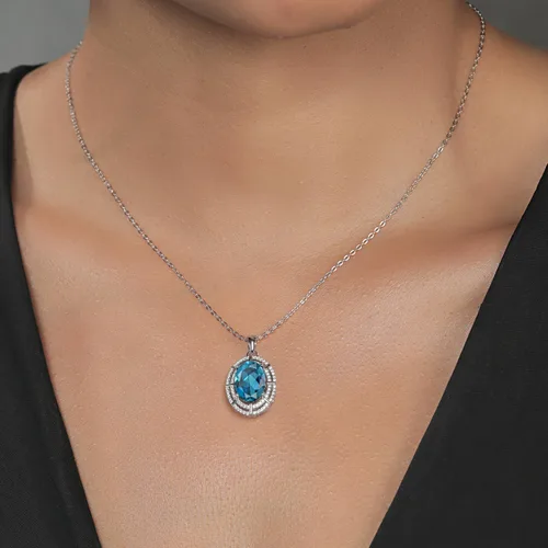 Vista 25 de Gem Stone King Collar con halo de dos filas de 5 a 10 quilates con piedra natal ovalada de 0.55 x 0.39 pulgadas en plata de ley 925 Collar