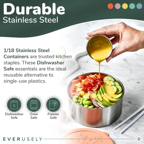 Vista 6 de Recipientes de alimentos de acero inoxidable, cajas de almuerzo de metal, juego de 5, brillantes Everusely lunch containers feature colorful lids