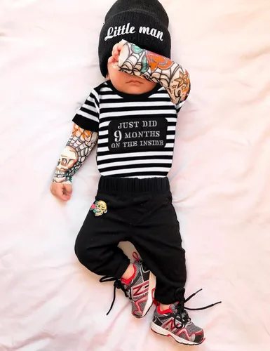 Vista 3 de Conjunto de 3 piezas de ropa para bebé y niño, manga de tatuaje, mameluco divertido y pantalones