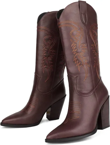 Vista 2 de ISNOM Botas vaqueras para mujer, botas occidentales bordadas con punta puntiaguda y tacón grueso