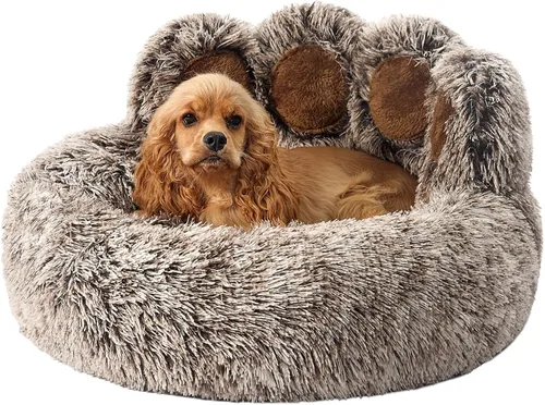 Vista 9 de Jiupety Cama calmante para mascotas en forma de pata, cama de felpa en forma de dona de piel sintética para perros y gatos, lavable a máquina, parte