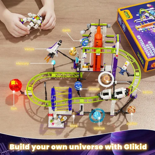 Vista 5 de Juego de construcción de montaña rusa espacial con sistema solar iluminado, regalos para niños