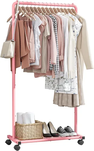 Vista 10 de Sakugi Perchero de Ropa - Perchero de ropa con estante de malla de almacenamiento y ruedas, perchero de metal resistente para colgar ropa, vestidos