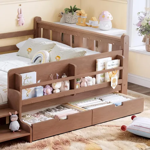 Vista 6 de Cama Montessori de tamaño matrimonial con estantería, cajones de Natural