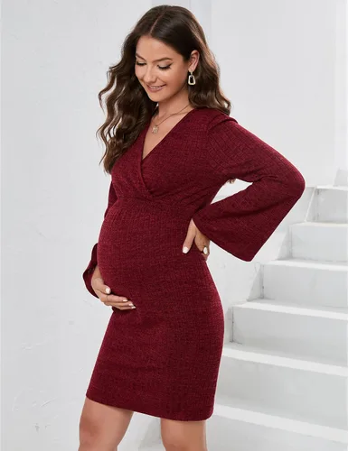 Vista 3 de KOJOOIN Maternity Dress Rib Knit Wrap V Neck Bell Long Sleeve Sweater Bodycon Midi Dress Baby Shower Photoshoot