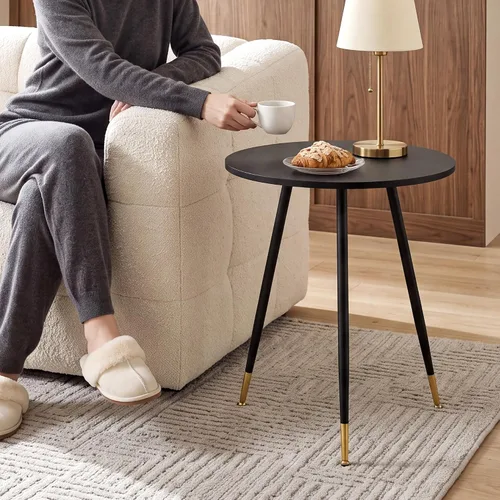 Vista 6 de NOBPEINT Mesa auxiliar redonda de madera moderna, mesa auxiliar de 28 pulgadas con 3 patas de metal, mesa de centro de ocio (negro)