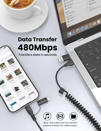 Vista 6 de Cable USB-C y Lightning en espiral 2 en 1, cable de carga para iPhone 17 16 de 3 pies, cable de carga rápida de 60 W para iPhone 15, Samsung Galaxy