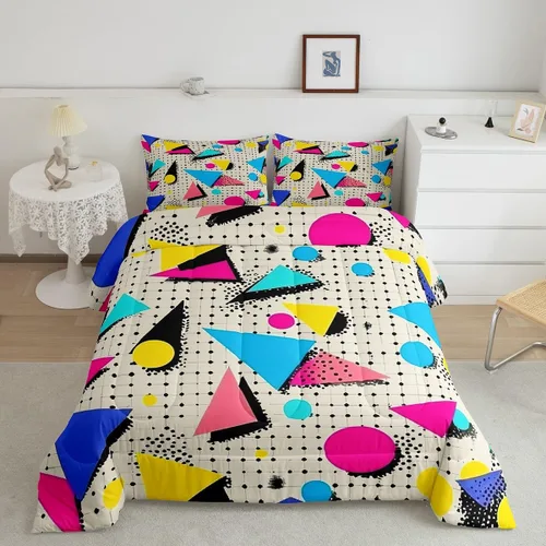 Vista 38 de Juego de edredón de estilo retro de los años 80, juego de ropa de cama de patrón geométrico abstracto, diseño urbano moderno con círculos