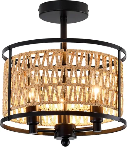 Vista 9 de Lámpara de techo de ratán de 3 luces, de 11 pulgadas, estilo bohemio, semiempotrada, lámpara de techo negra tejida a mano para casa de campo