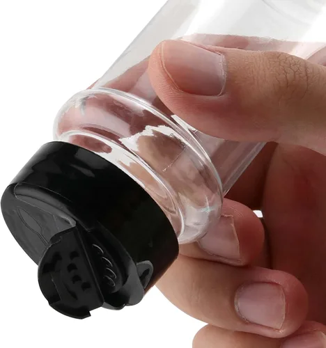 Vista 7 de Paquete de 60 tarros de especias de plástico transparente de 3.5 onzas con tapas negras, recipientes de condimentos de plástico, frascos de especias