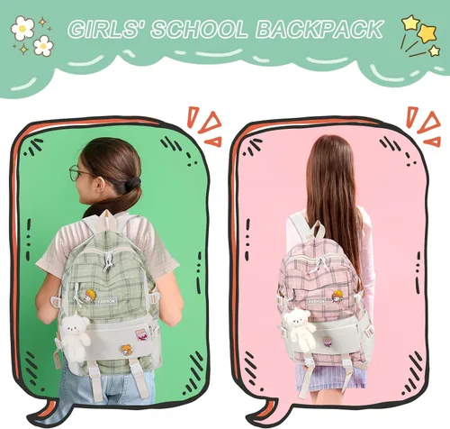 Vista 6 de Juego de 5 mochilas escolares de lona con colgante de oso kawaii, lindos alfileres a cuadros, asa a cuadros, bolsa de hombro