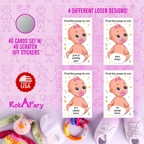 Vista 4 de RokAPary Baby Shower Girl Scratch Off Poop Game - Juego fácil de jugar, idea divertida, actividad rompehielos. Tarjetas de rifa, chupete rosa, juego