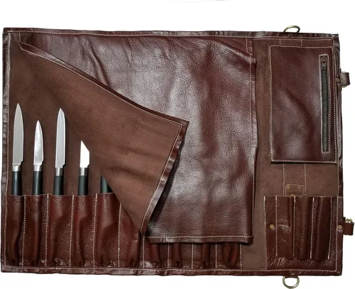 Vista 7 de Auténtico ligero Premium cuero profesional antiguo marrón largo cuchillo de chef bolsa/cuchillo de chef rollo 13 ranuras espacio # K5