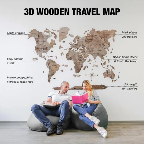 Vista 3 de AWESOMETIK TERRA - Mapa del mundo de madera 3D, mapa del mundo de fácil instalación con cinta de doble cara, incluye complementos, madera