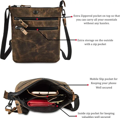 Vista 2 de Bolso bandolera para mujer, pequeño bolso de cuero real, bolso cruzado de viaje vintage hecho a mano