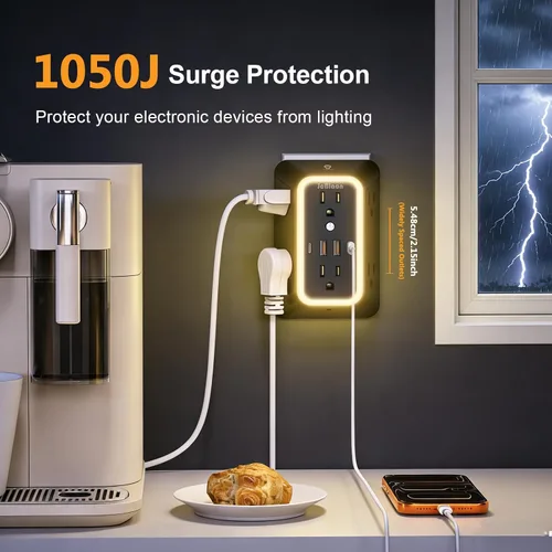 Vista 4 de Extensor de toma de corriente de pared con luz nocturna, adaptador de enchufe de alimentación extensor de 6 salidas con 4 puertos de carga USB