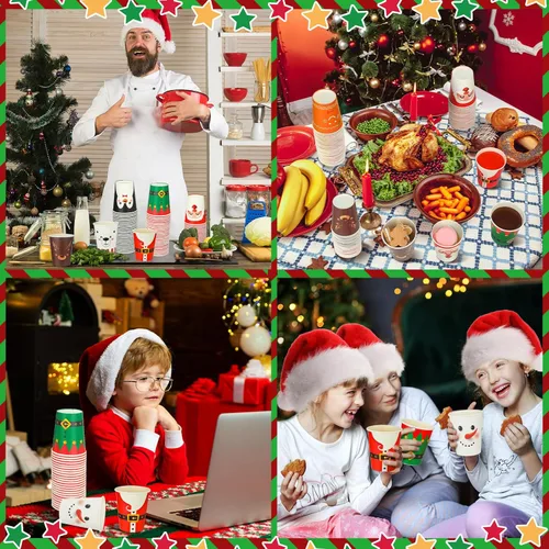 Vista 6 de Zhehao 200 Piezas Vasos de Papel de Navidad Xmas Vasos Desechables de Café 9 oz Santa Muñeco de Nieve Alce Vasos Desechables de Papel de Navidad