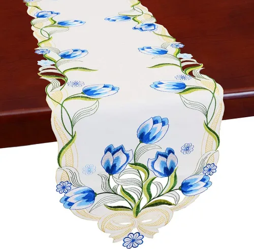 Vista 10 de Caminos de mesa pequeños bordados de tulipán, manteles florales de primavera para Pascua (azul, 13 x 35 pulgadas)