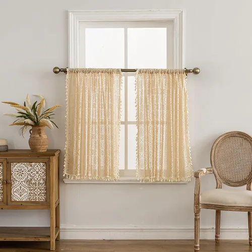 Vista 7 de YJ YANJUN - Cortinas de café boho, 24 pulgadas de largo, 2 paneles, cada una de 59" de ancho x 24" de largo, beige, con crochet, cortinas de cocina