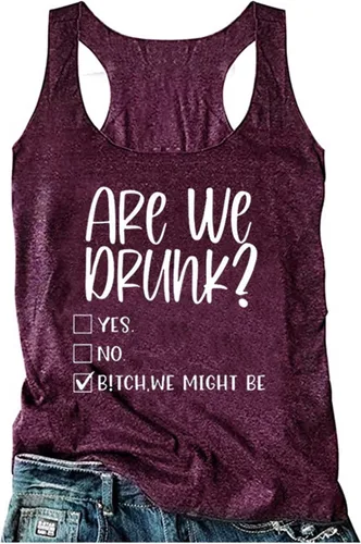 Vista 5 de Camiseta sin mangas con espalda cruzada para mujer, con texto en inglés "Am I Drunk", con texto en inglés "Am I Drunk" Azul