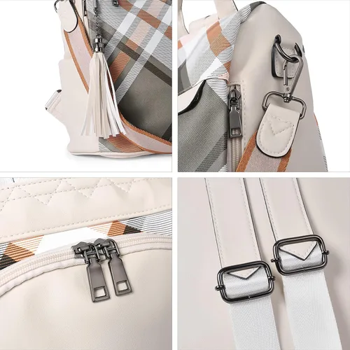 Vista 36 de Bromen - Mochila tipo bolso de mano de piel antirrobo para mujer a la moda, Beige floral, L