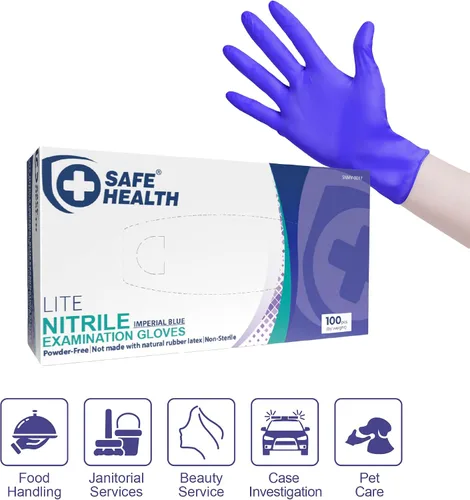 Vista 5 de Safe Health Nitrile Exam Gloves – 4 mil, Latex-Free, Powder-Free, Disposable, Blue, Medical Grade, Food, Cleaning Use