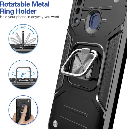 Vista 3 de Funda para Galaxy A20 con protector de pantalla, a prueba de golpes, a prueba de caídas, ajuste delgado, con soporte de automóvil, cubierta Negro