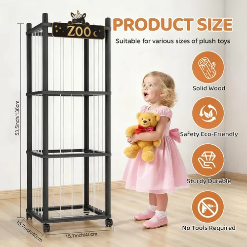 Vista 7 de Torre del zoológico de almacenamiento de animales de peluche, organizador grande de madera de 56 pulgadas con ruedas, almacenamiento de peluches