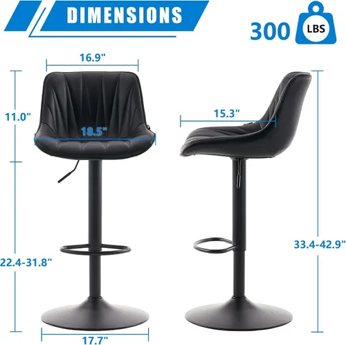 Vista 2 de YOUNIKE Juego de 2 taburetes de bar para isla de cocina, taburetes de bar altos giratorios negros, taburetes de bar ajustables con respaldo
