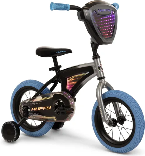 Vista 9 de Huffy Electro-Light Kid’s Bike with LED Lights, Durable Steel Frame, Coaster Brake, Removable Training Wheels, Ages 4-6, Grey/Red Gris/Rojo