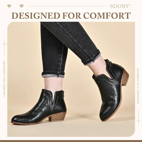 Vista 5 de SDONY Botines de tacón bajo para mujer, botines gruesos y elegantes con cremallera para mujer