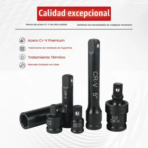 Vista 5 de Reniteco Juego de 25 piezas de llaves de casquillo de 1/2" de transmisión, SAE (3/8"- 1-1/2"), casquillos profundos, barras de extensión, reductor
