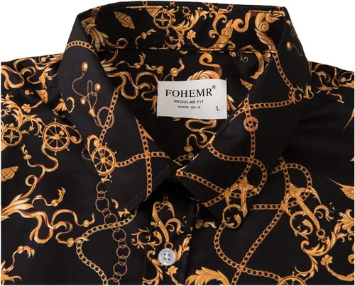 Vista 3 de fohemr Camisas de vestir de lujo para hombre, diseño barroco de cadena dorada, casual, manga larga, con botones, para fiesta, color negro