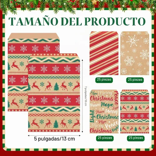 Vista 2 de Pasimy 100 bolsas de papel kraft de Navidad autoadhesivas, vintage