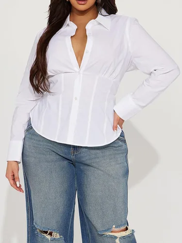 Vista 4 de Camisa de manga larga con botones para mujer, blusa de cintura ceñida, casual y para la oficina