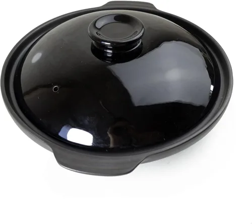 Vista 2 de Cacerola de arcilla seca resistente al calor, cacerola de cerámica prémium con tapa, para cocinar sopa terrina, color negro, 42 onzas