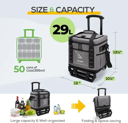 Vista 2 de TOURIT Hielera Portátil Plegable Rodante Suave para 50 Latas con Espacio de 29L y Carrito Todoterreno Reforzado con Ruedas para Transporte Fácil