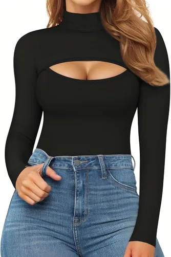 Vista 2 de MANGOPOP Body de manga larga con cuello alto falso para mujer, manga larga, sin mangas, cuello de tortuga, trajes sexis